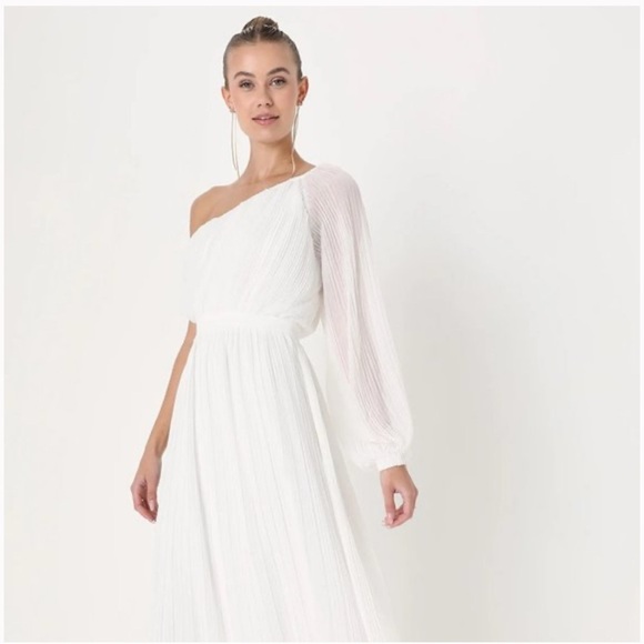 Lulu’s White Pleated Elegant One-Shoulder White Dress - Picture 1 of 8